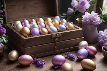 Obraz premium Wooden Box Filled with Numerous Purple and Gold Easter Eggs Against a Background of Sunlight