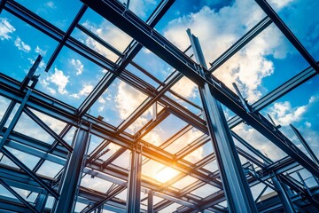 A massive steel building reaching into the sky, framed by the sun and clouds.