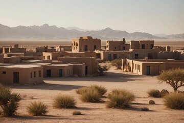 Group of Modern Buildings Set in the Desert, Serving as a Background for a Travel