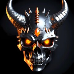 Metallic Skull with Spiked Horns and Glowing Eyes