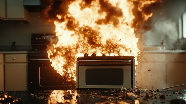 A kitchen's oven is dramatically engulfed in flames, showcasing the chaos and destruction of an indoor fire. Sparks leap in this intense visual display.