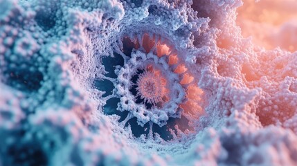 Abstract portrayal of virus replication shown as an artistic fractal, viruses, molecular replication concept 