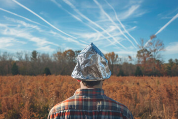 Chemtrail conspiracy theory concept with back view of person with tinfoil hat looking at blue sky with condensation trails