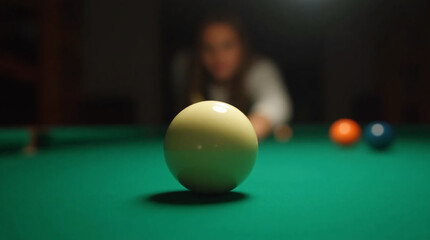 A green table with American pool and a blurry cue shooter