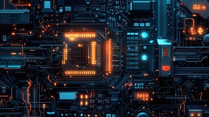 Close-up macro shot of a green electronic circuit board with a powerful CPU showcasing advanced computer technology