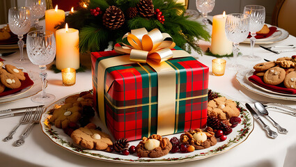 A gift box on a plate with cookies and candles