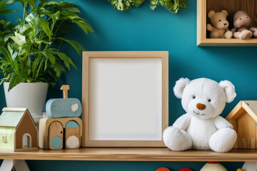 Square nursery art frame mockup, empty wooden frame on shelf in kids room interior. 