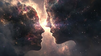 Cosmic connection Two ethereal faces merge in a nebula, symbolizing unity and the universe's vastness.