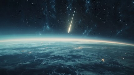 Meteor streaking across night sky above planet Earth.