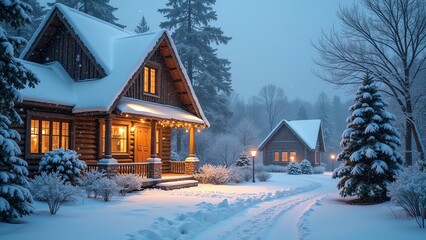 Fototapeta premium Here are a few options for a description of the image, under 200 characters:..**Option 1 (Focus on coziness):**..> Cozy winter cabin scene