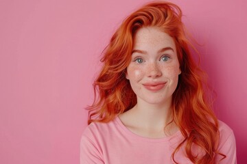 Portrait of cheerful ginger girl in good mood on pink background
