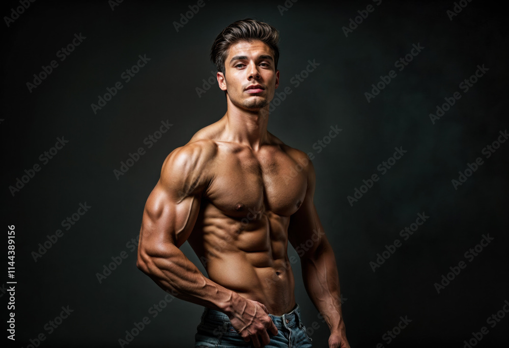 Wall mural a muscular young man standing in front of a dark background, with his shirt off, revealing his well-defined abdominal muscles and arms. He is holding the waistband of his jeans with hi