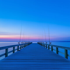 Fototapeta premium Evening Relaxation: Sunset-Lit Pier with Fishing Rods