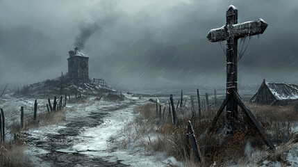 Obraz premium Gloomy landscape with a weathered cross and distant building under a stormy sky.