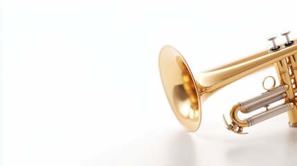 Obraz premium A close-up of a shiny brass trumpet, showcasing its elegant curves and polished finish against a minimalist white background.