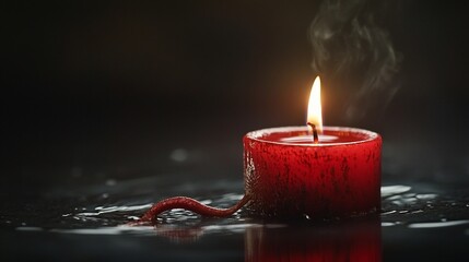 Red candle burning with smoke, reflecting on dark water.
