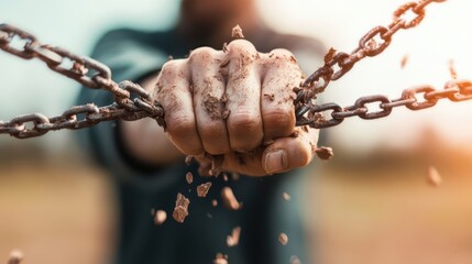 Mud-covered hands powerfully break rusty chains, symbolizing ideas of freedom, strength, and resistance amid a dynamic and liberating scene of empowerment.