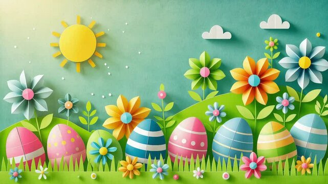 happy Easter Day, paper cut card with colored easter eggs, flowers and sun