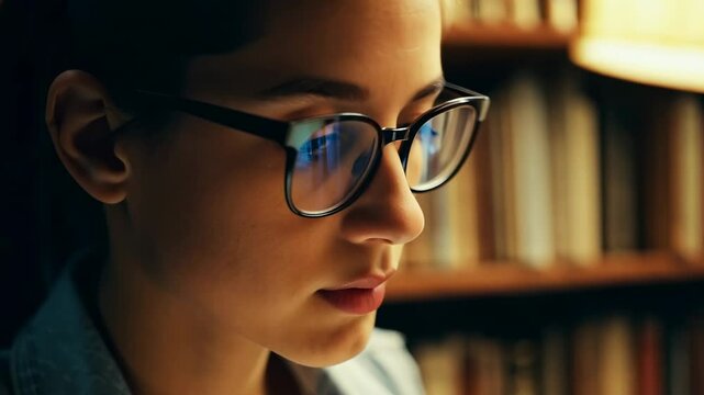 Young Caucasian female student with eyeglasses reading the book in a library. A studious young woman finds her escape in the pages of her book within the library.