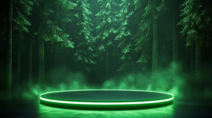 Mystical forest circle with green glowing light.