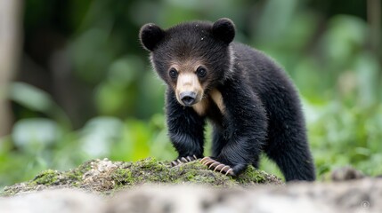 Fototapeta premium Adorable Asiatic black bear cub standing on mossy rock.