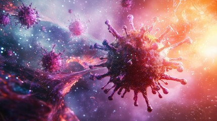 Artistic rendering of a pathogen invading a cell with a vibrant molecular backdrop, pathogens, molecular biology concept --ar 16:9 --v 6.1 Job ID: 7b487efa-03b6-4acc-9174-9c4a2e959365