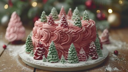 A festive cake decorated with colorful icing and miniature trees for a holiday celebration.