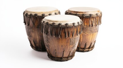 Three wooden drums with tight skins, showcasing intricate detailing, are arranged closely against a white background.