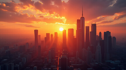 Sunset silhouettes: majestic urban skyline and soaring skyscrapers reflecting the vibrant economic pulse and architectural grandeur of the city