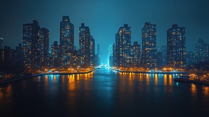 Naklejka premium Experience the vibrant energy of a city skyline at night, with illuminated skyscrapers reflecting on the water. This urban landscape captures modernity and dynamic city life.