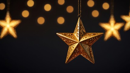 Here are a few options for your stock photo description, all under 200 characters:..**Option 1 (Focus on the main star):**..> Ornate gold star ornament hanging against a dark backg