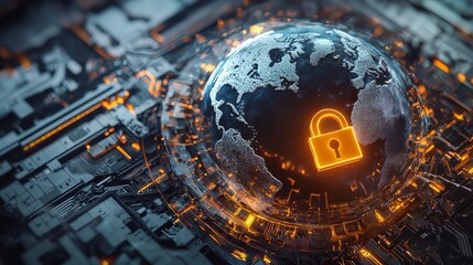 3D rendering of the Earth planet, surrounded by a glowing padlock icon on a cyber background. This image represents the concept of digital technology and security.