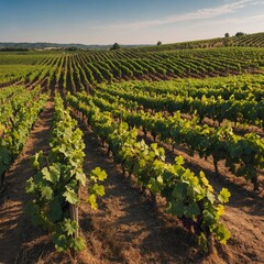 A picturesque vineyard with rows of grapevines stretching to the horizon.
