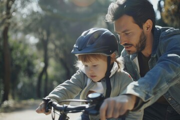 Father teaches son to ride bike safely in garden.