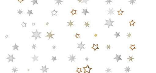 A digital illustration of a dark background with a scattering of gold and silver stars, creating a dazzling and festive display.