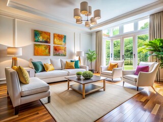 Fototapeta premium Modern Living Room Interior Design: White Couch, Chairs, Rug - Rule of Thirds Photography