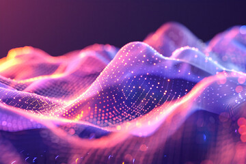 Dynamic digital waves with glowing blue and pink particles, representing modern technology and connectivity.
