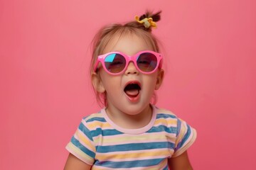 Surprised toddler girl in sunglasses jumping for childrens product ad.