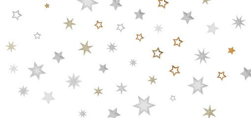 A digital abstract art depicting a starry night sky. The image features a variety of sized stars in shades of white, gold and silver against a dark background.