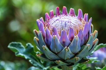 Globe artichoke flower head blooming in a garden, displaying its vibrant purple petals