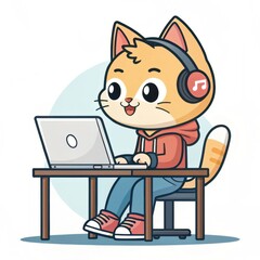 Cute Cat Working on a Laptop with Headphones