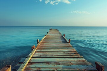 Pier Ocean. Wooden Pier in Calm Landscape Surrounded by Water and Sky