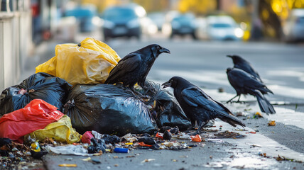 放置されたゴミ袋を荒らすカラスと散乱する街の風景