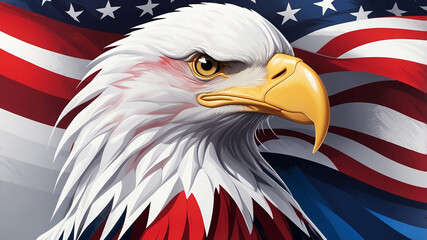 The emblematic bald eagle, a proud representation of the United States, is depicted in a detailed close-up, its image merged with the stars and stripes of the national flag