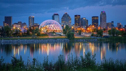 Montreal city skyline at dusk, reflecting in water, featuring Biodome.