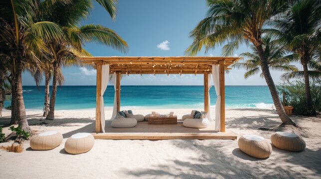 Tranquil beach cabana with ocean view, white sand, palm trees, and comfortable seating.