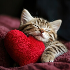 A cute liitle cat sleeping on a red heart shaped pillow 