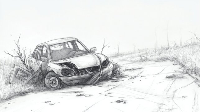 Distracted Driving Awareness Month Abandoned car in desolate landscape sketch with broken road and bare trees
