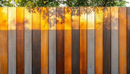 Obraz premium Wooden Fence Illuminated By Sunlight And Shadowed By Leaves
