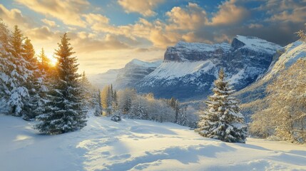 Obraz premium Majestic winter mountain landscape at sunrise with snow-covered trees
